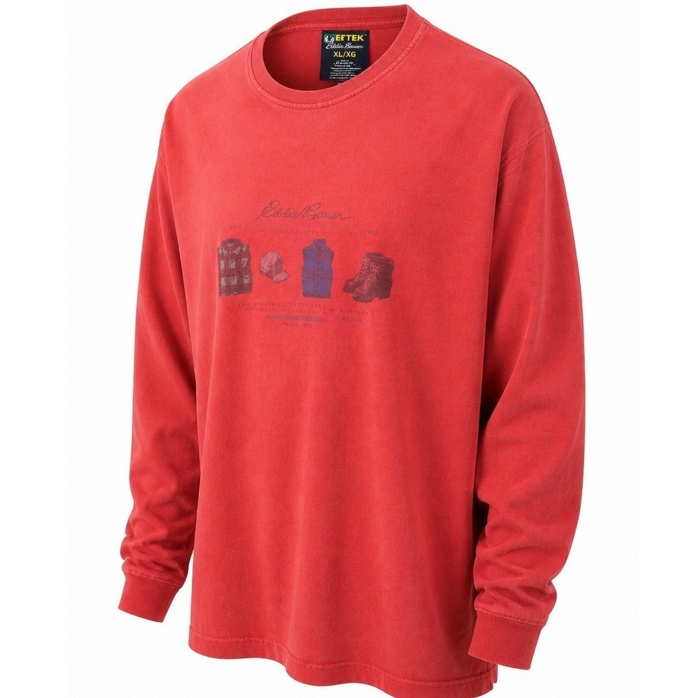 Eddie Bauer EBTEK Mens XL Graphic Long Sleeve Red Solid Relaxed 90s Vintage